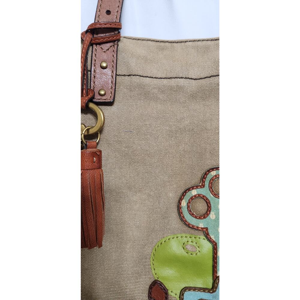 FOSSIL Large Jules Key Tote Tan Canvas Leather Handles Brass Key Tassel - Picture 11 of 13